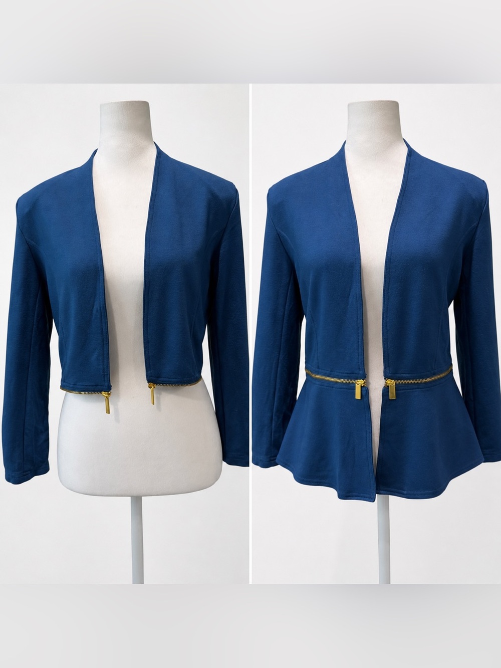 IMAN Women’s S Blue Convertible Knit Jacket Cardigan Detachable Peplum Gold Zip